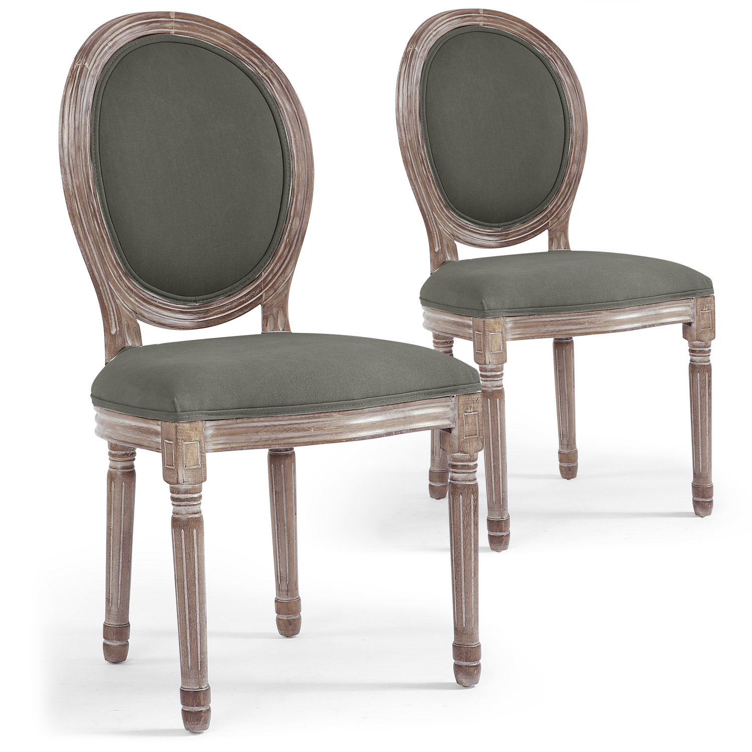 Louis XVI Set mit 2 Medaillon Stühlen, Stoffbezug Grau
