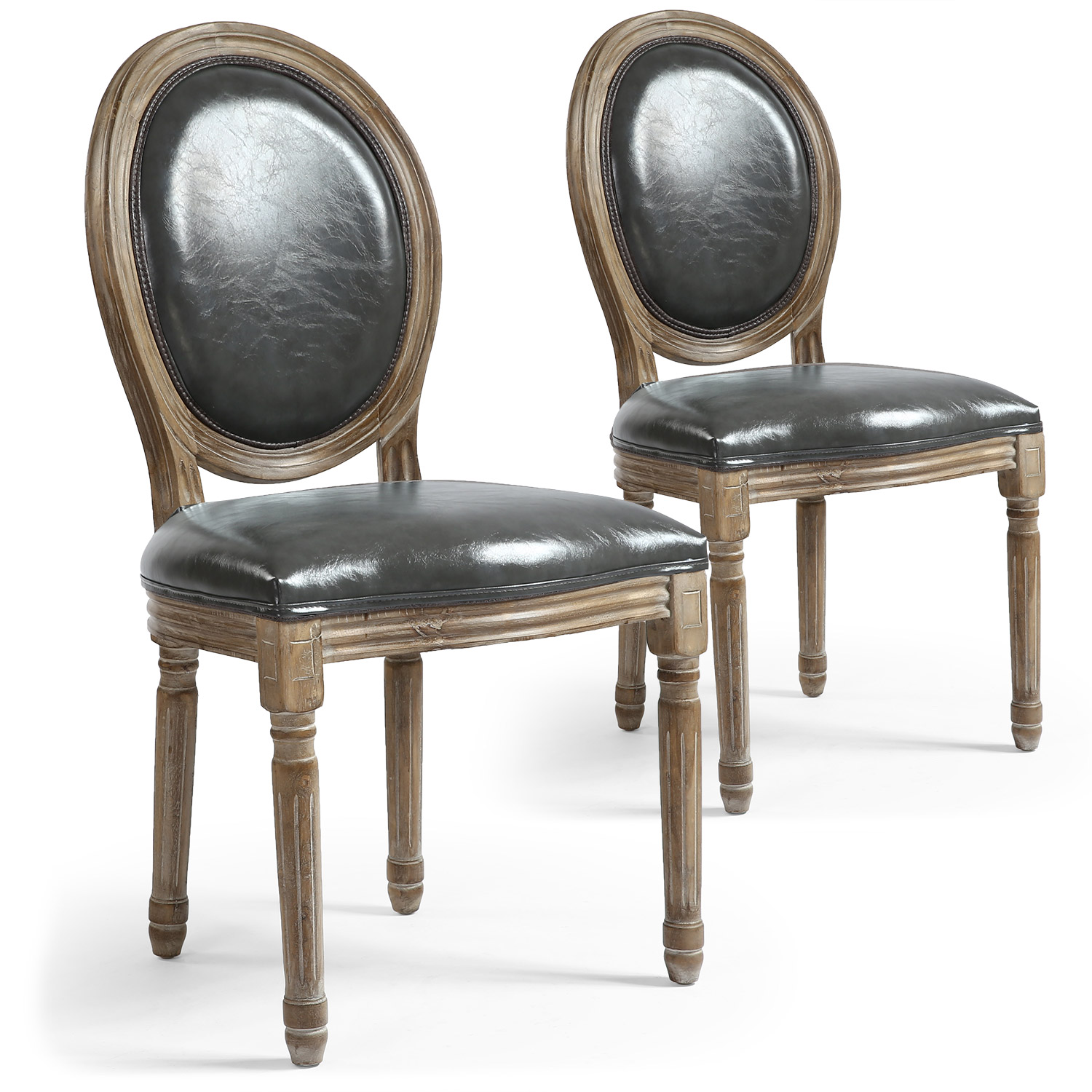Louis XVI Set mit 2 Medaillon Stühlen, Kunstleder Grau
