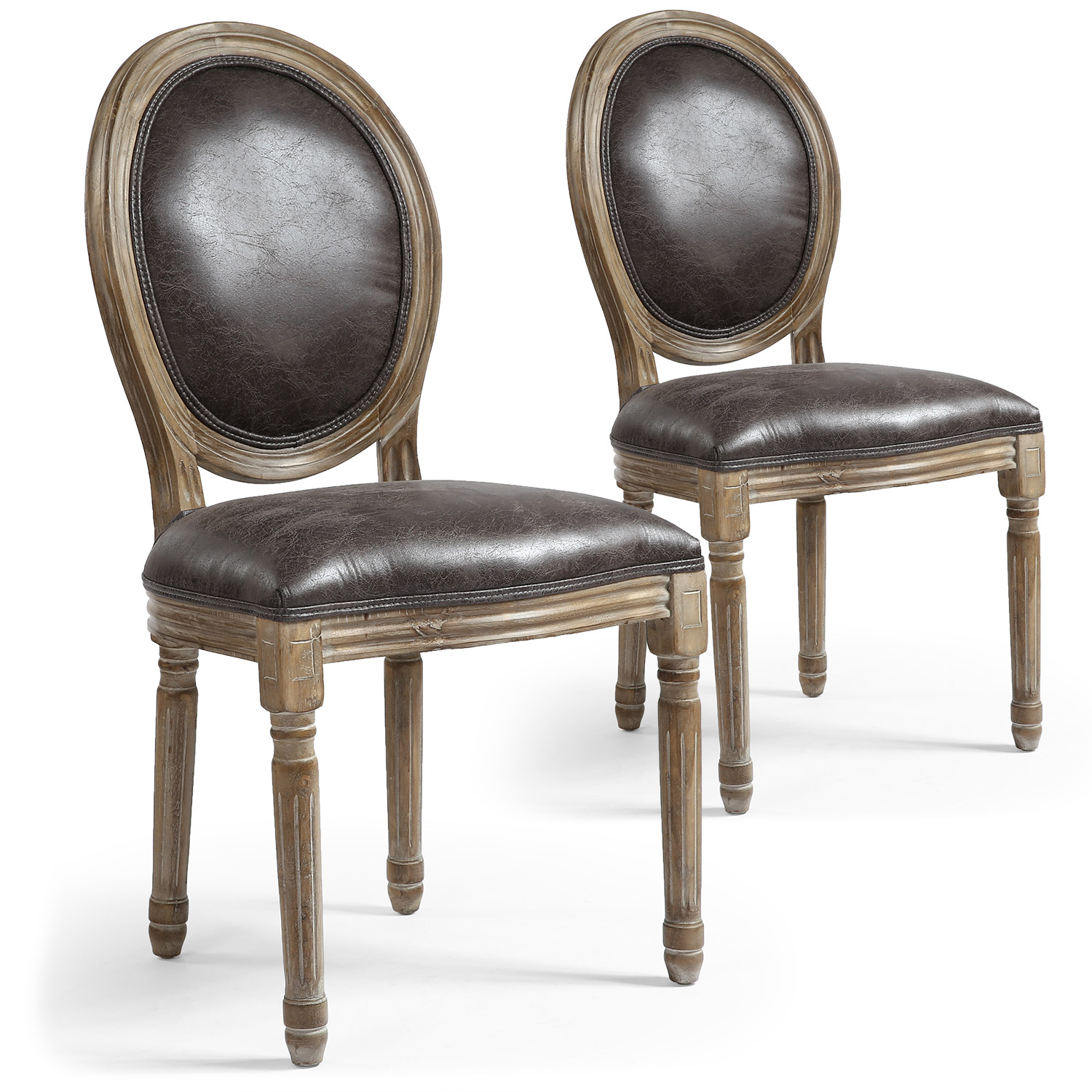 Louis XVI Set mit 2 Medaillon Stühlen, Kunstleder Braun (Retro)