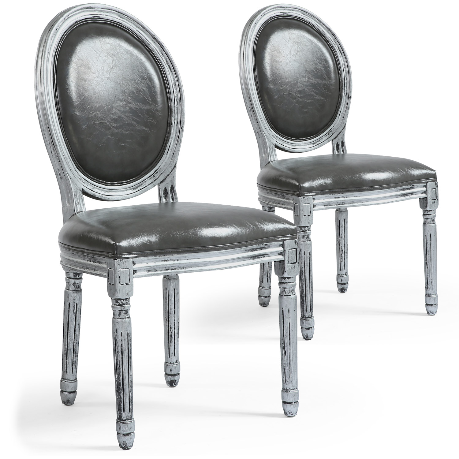 Louis XVI Set mit 2 Medaillon Stühlen, Silbern Patiniertes Holz & Kunstleder Grau