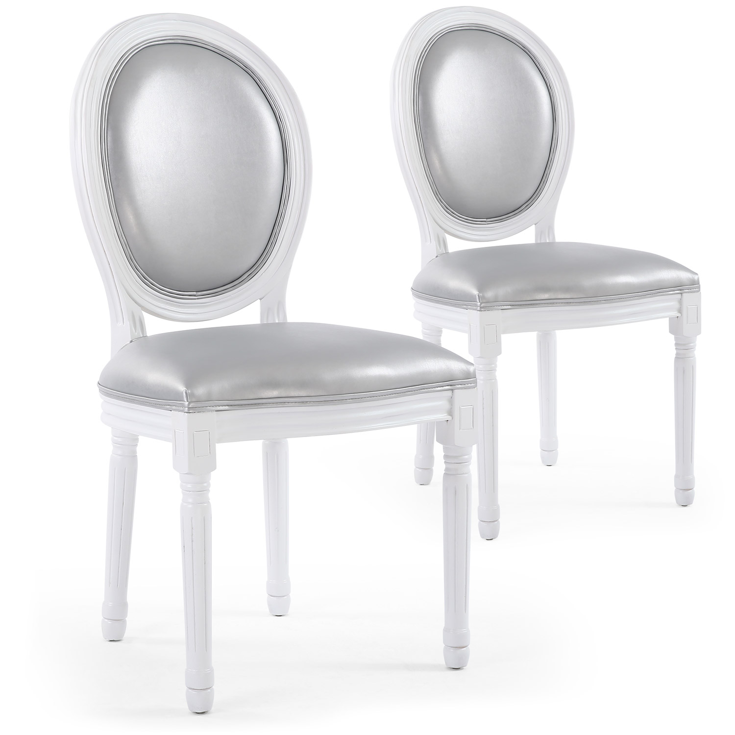 Louis XVI Set mit 2 Medaillon Stühlen, Kunstleder Silber