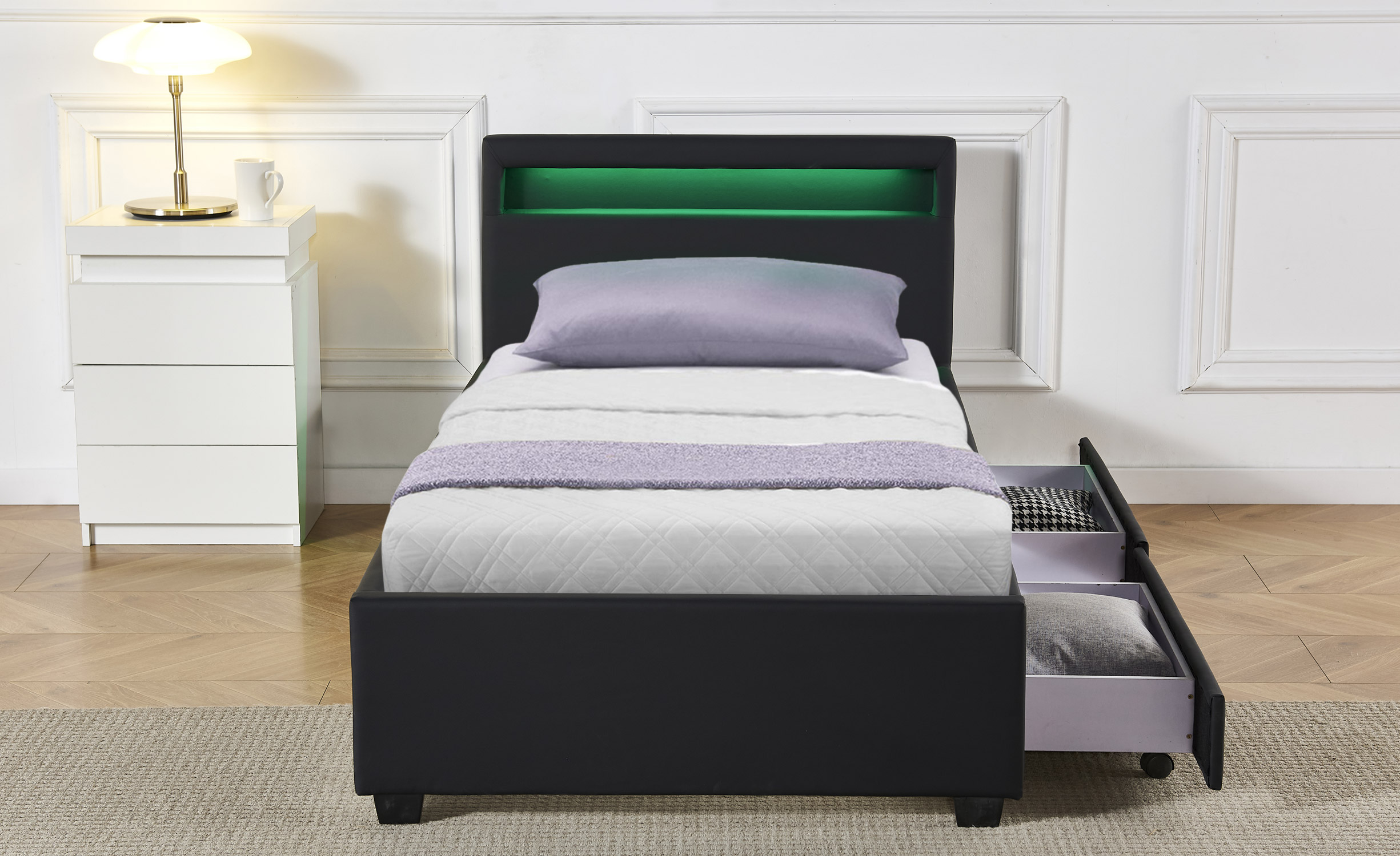 Solaro LED Einzelbett mit integrierten Schubladen und Untergestell 90x190cm Simili Schwarz