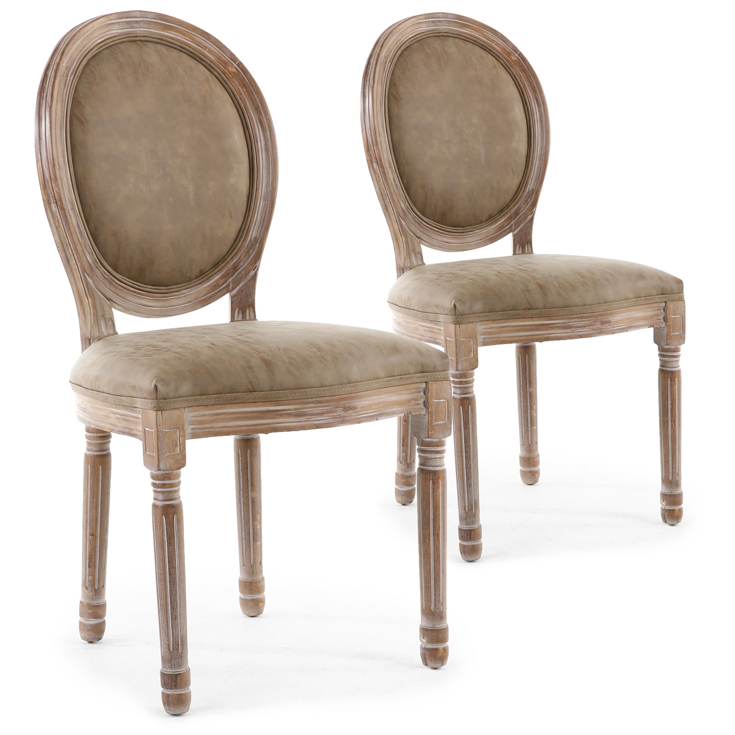 Louis XVI Set mit 2 Medaillon Stühlen, Patiniertes Holz & Kunstleder Taupe
