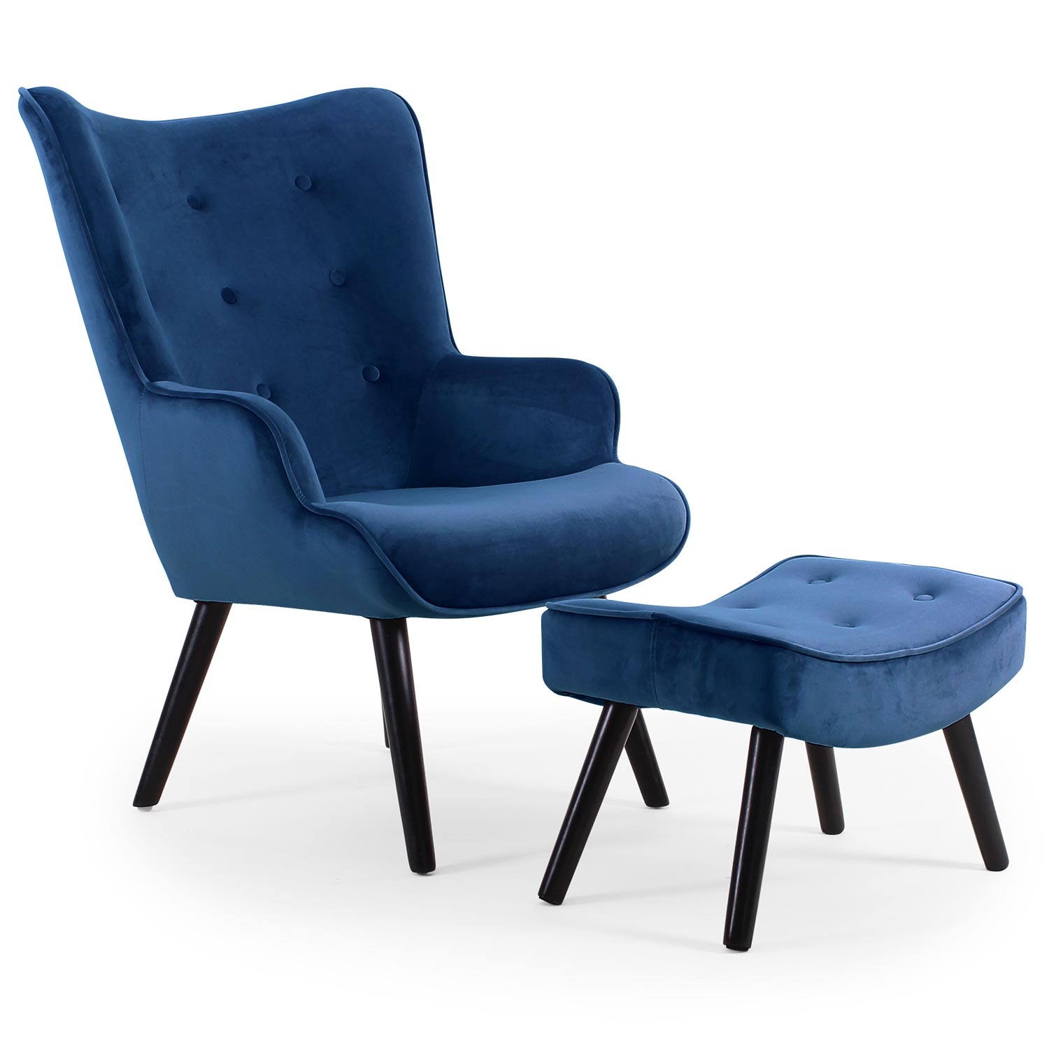 Lylou Skandinavischer Sessel + Hocker, Samtbezug Blau