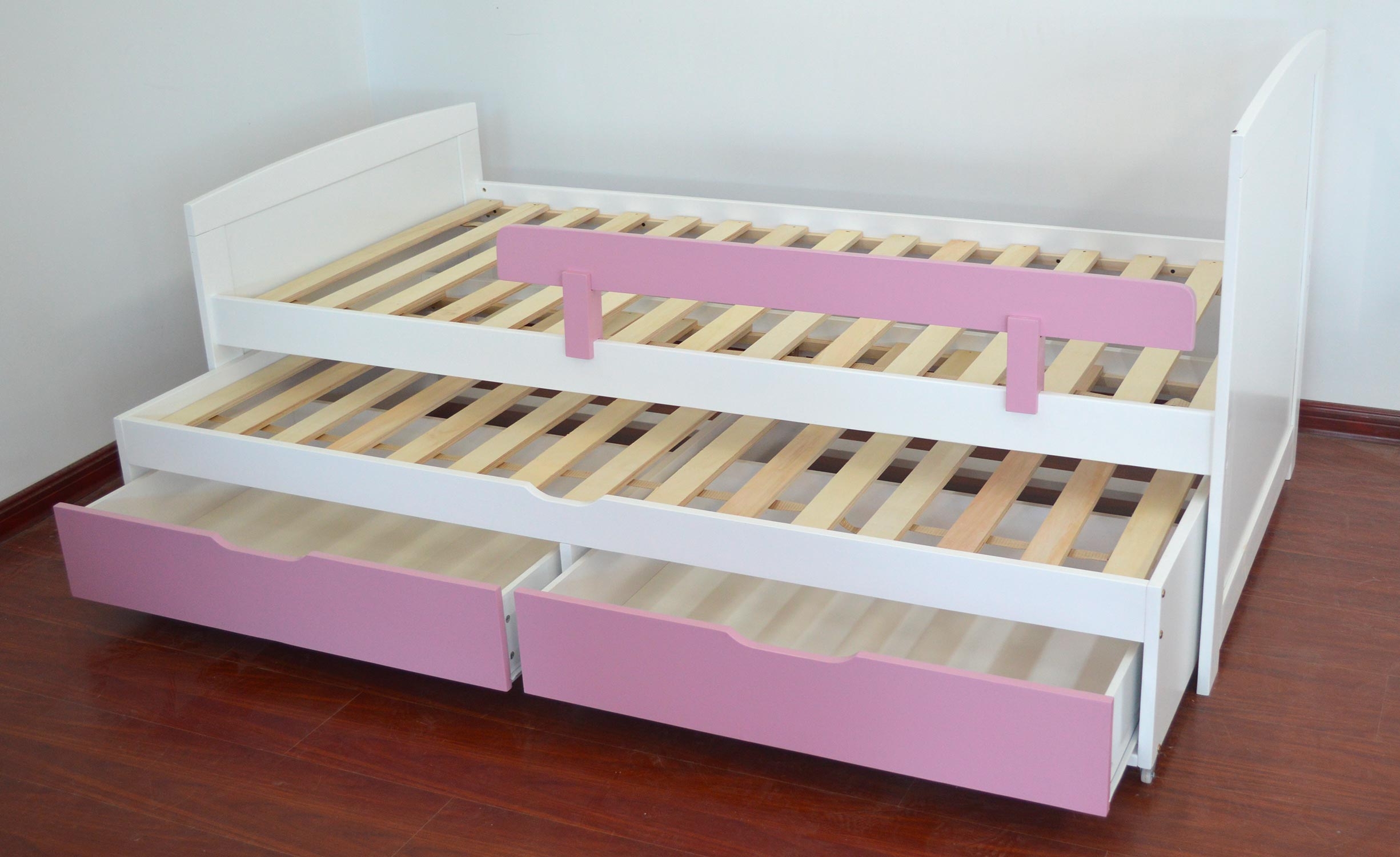 Patapon Ausziehbett für Kinder mit Lattenrost und Bettkästen Weiß & Rosa
