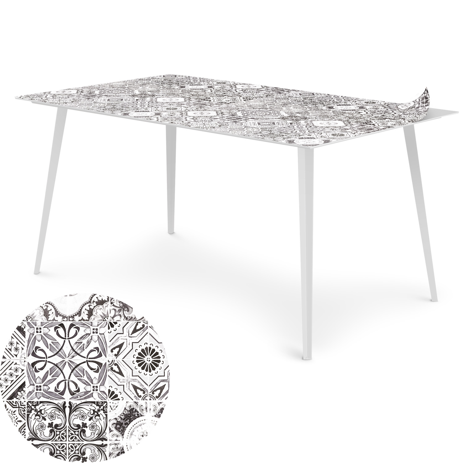 Blickfang Rechteckiger Magnet Tisch 150x90cm aus Metall mit einem Tischset mit Vintage Fliesen