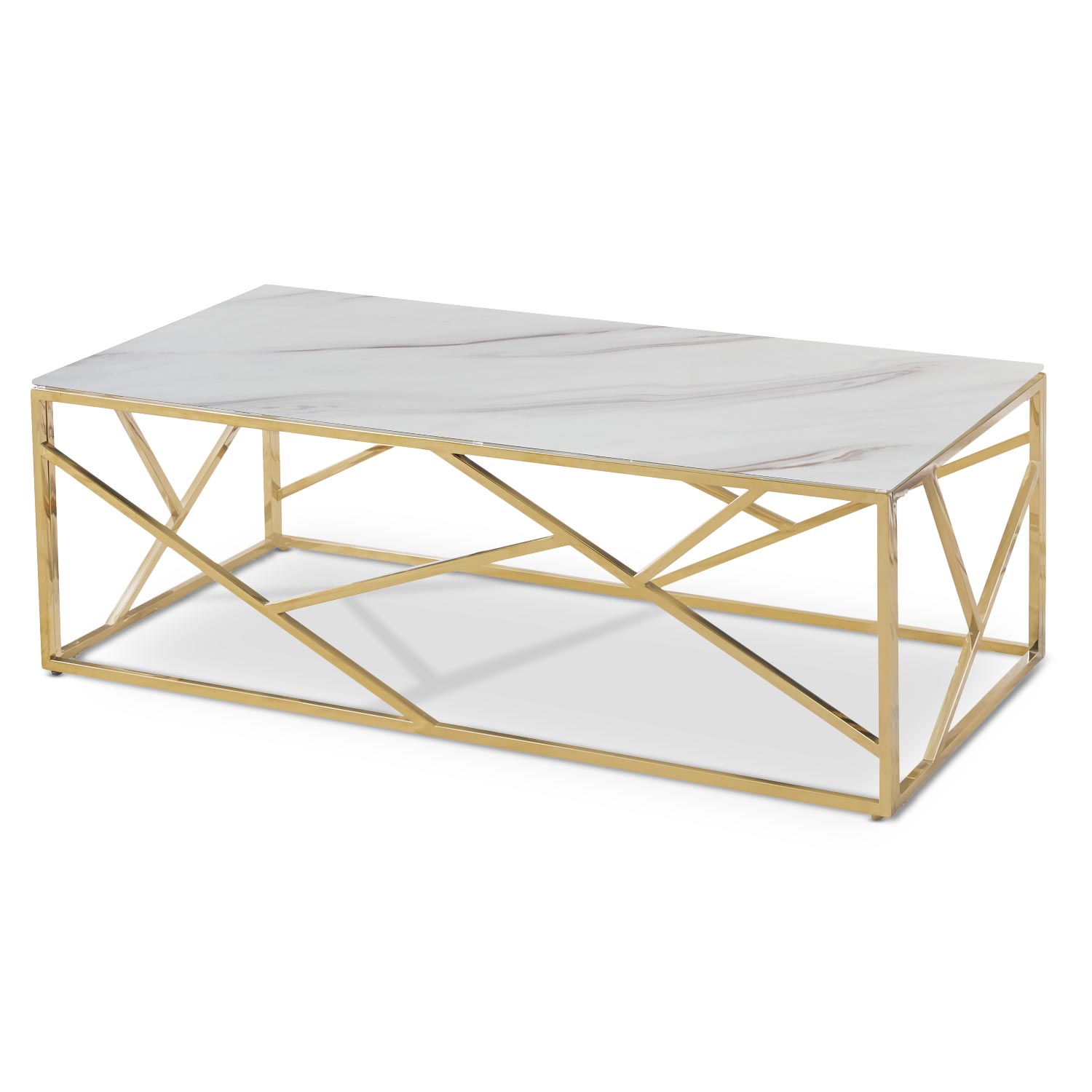 Opéra Couchtisch mit Glasplatte (Marmor Effekt) und goldenen Tischbeinen
