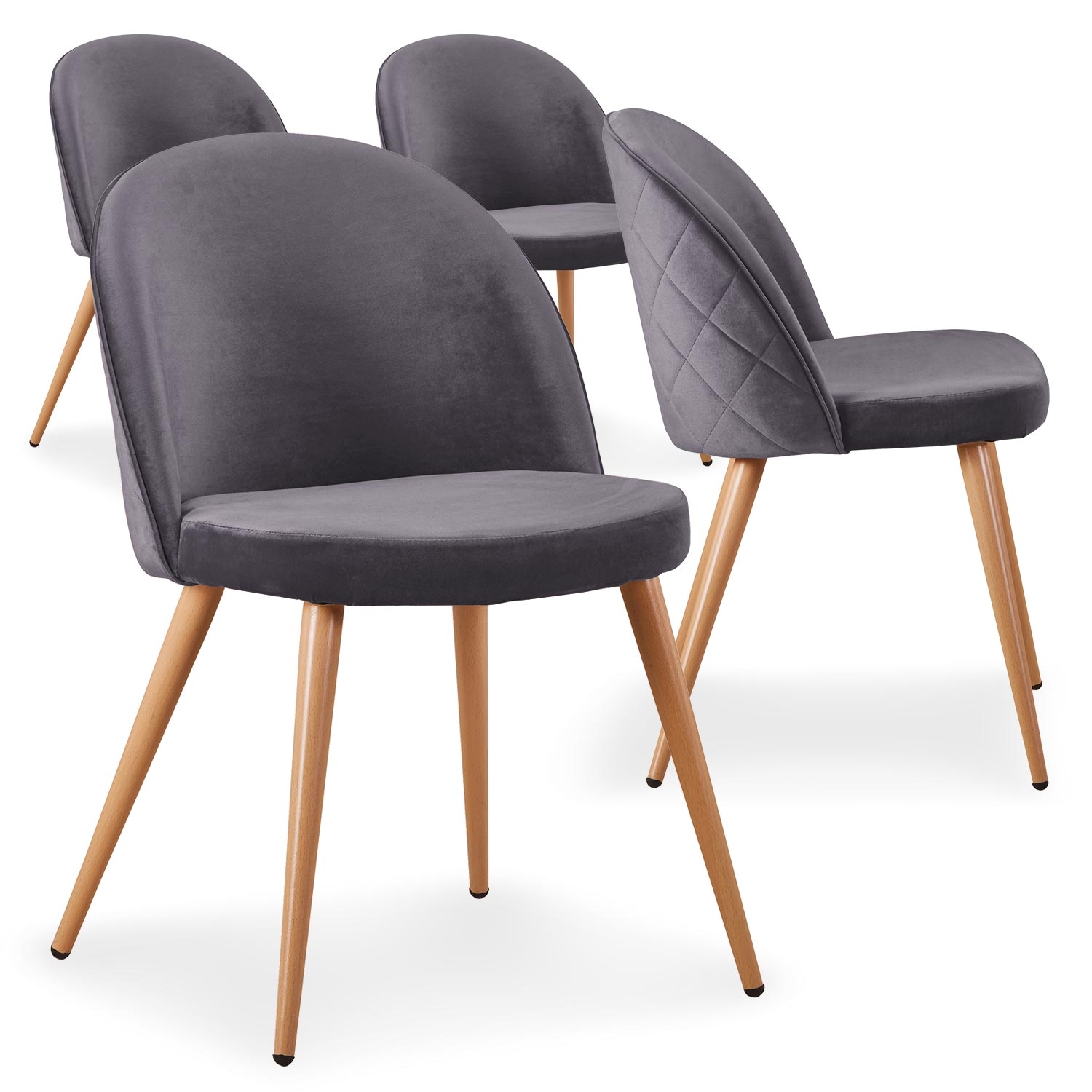 Tartan Set mit 4 skandinavischen Stühlen Samtbezug Grau